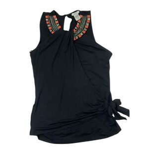 Cache Vintage Black and orange beaded tank top with tie waist